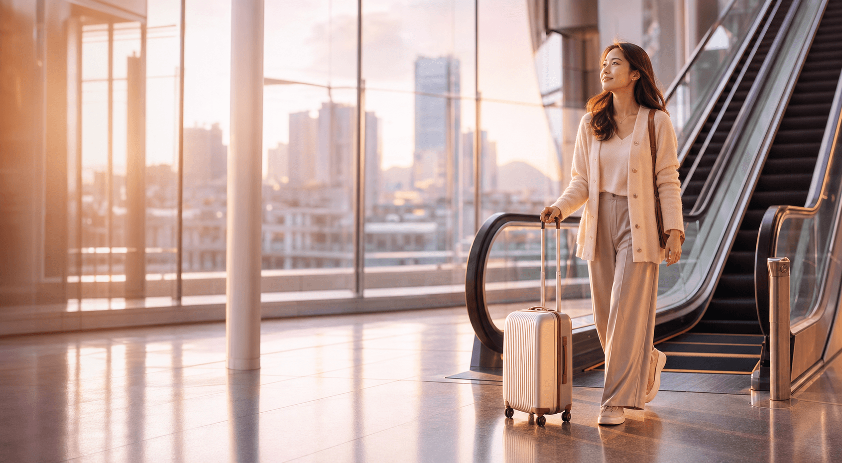 A traveler stepping off an escalator at Incheon arrivals, Seoul skyline beyond