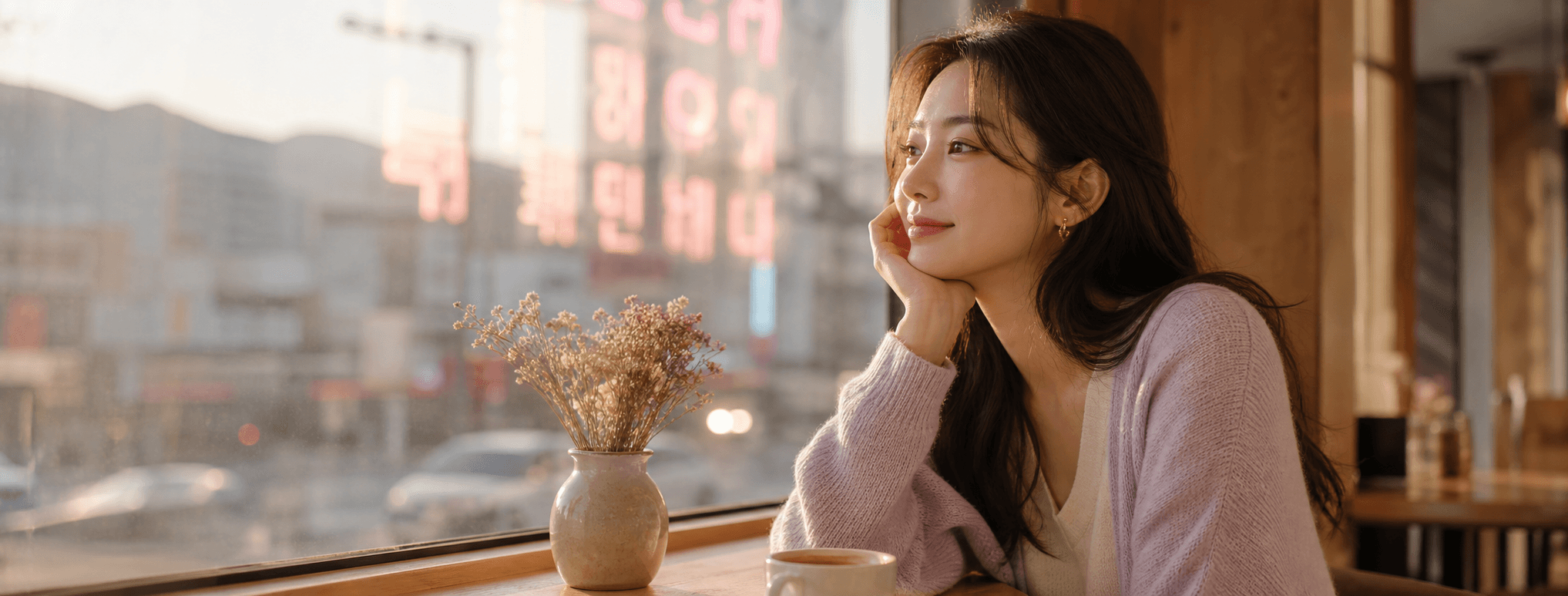 A woman at a Seoul café window at golden hour, hangul neon reflected in the glass