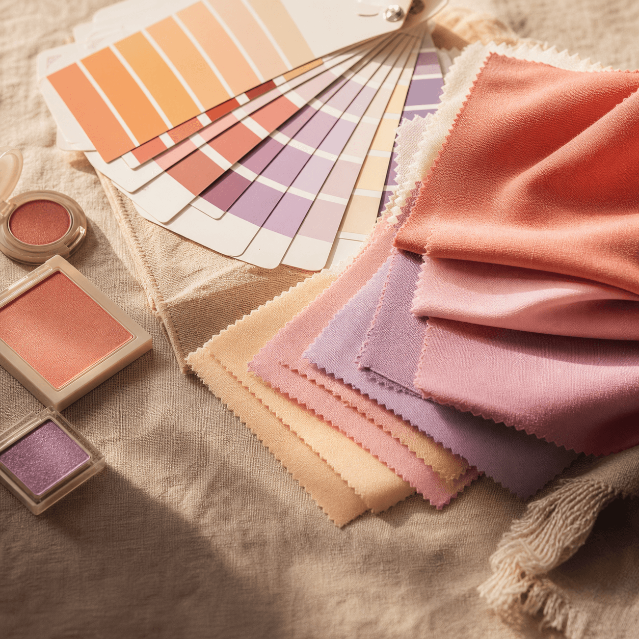 A personal-color drape fan and seasonal swatches laid out on linen