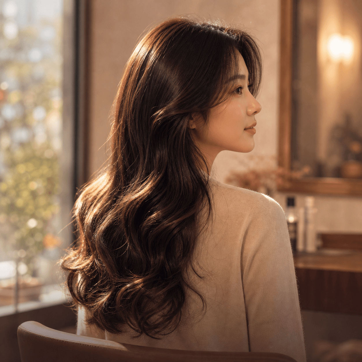 Soft waves of glossy, healthy hair on linen