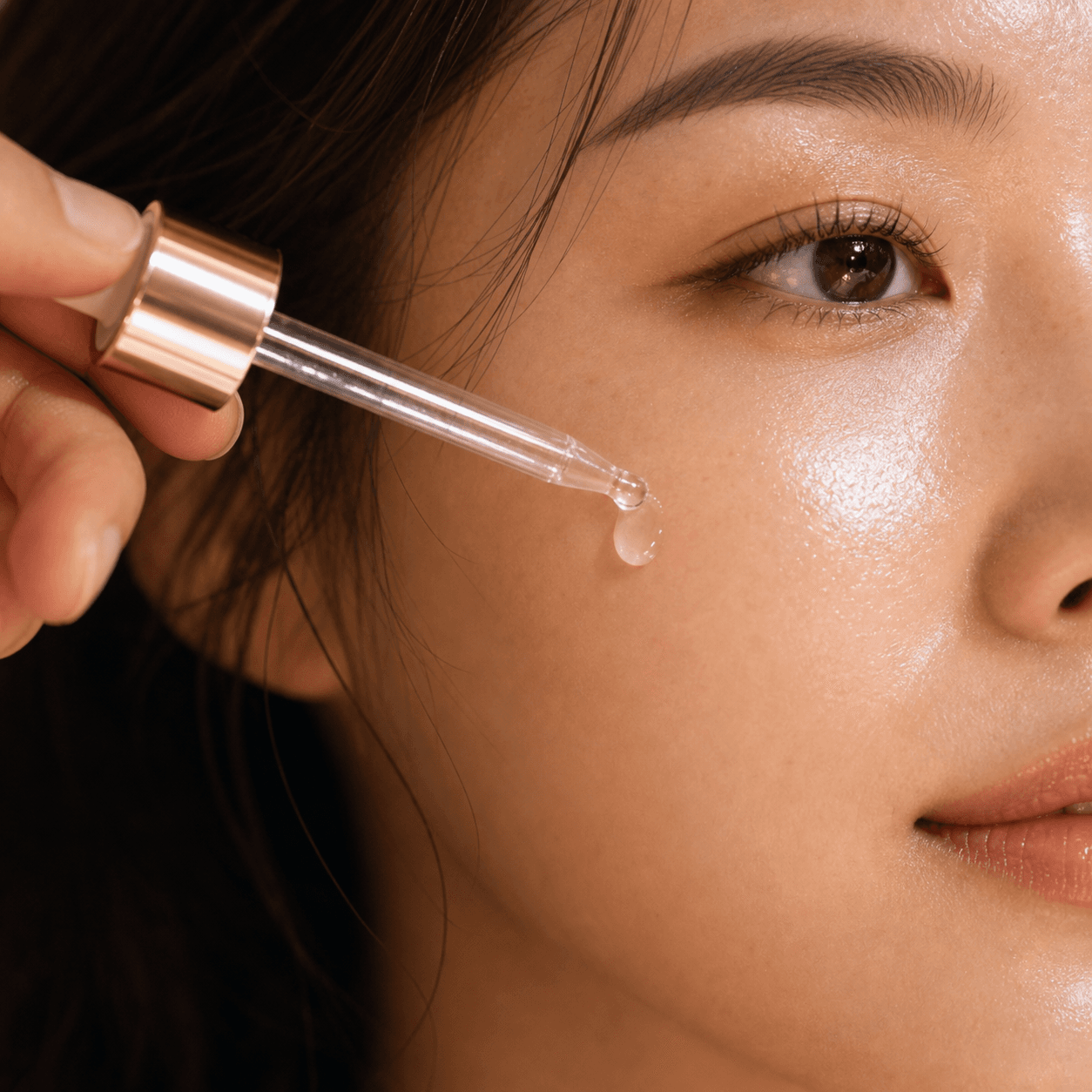 Close-up of a skincare serum droplet on dewy skin