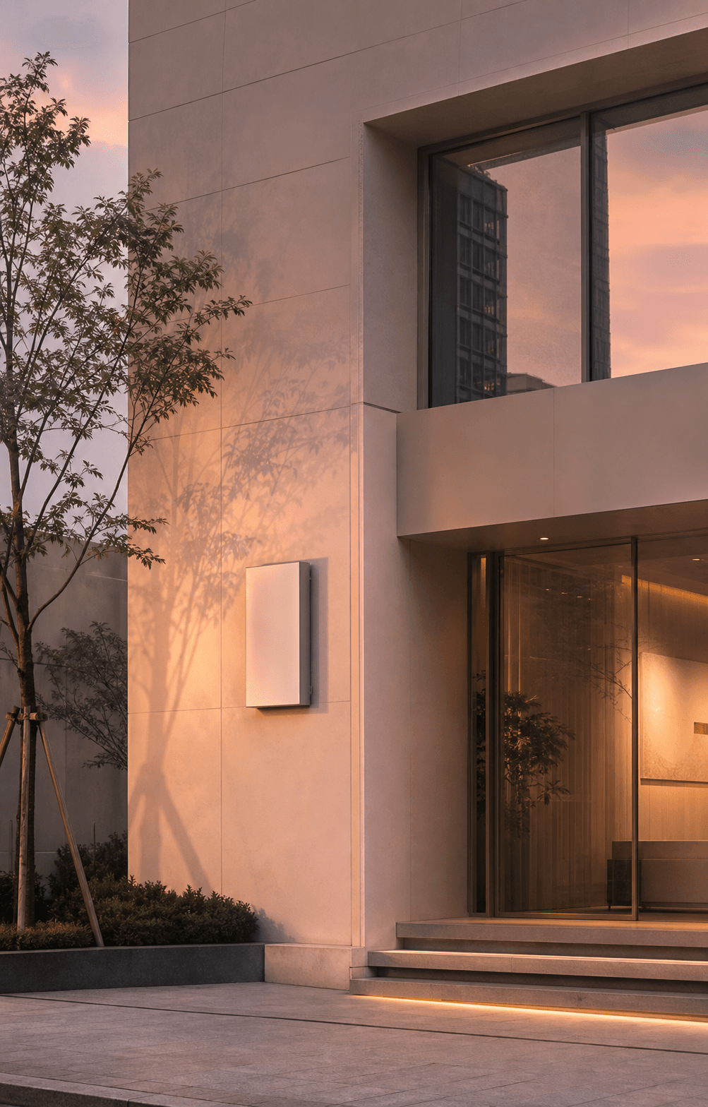 The porcelain facade of a Seoul clinic at golden hour