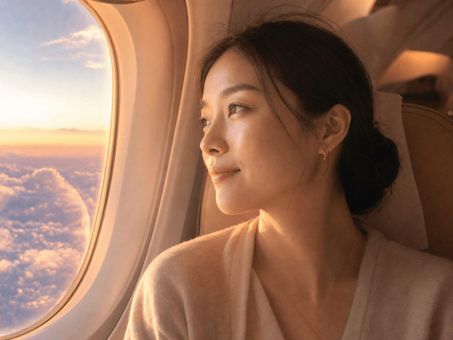 Yuki looking out an airplane window at sunrise